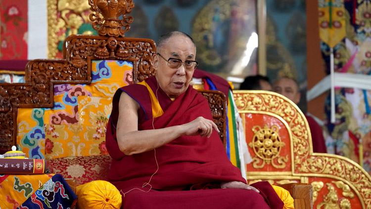 His Holiness the Dalai Lama speaking during the debate session at Ganden Jangtsé Assembly Hall in Mundgod, Karnataka, India on December 23, 2019. Photo by Lobsang Tsering