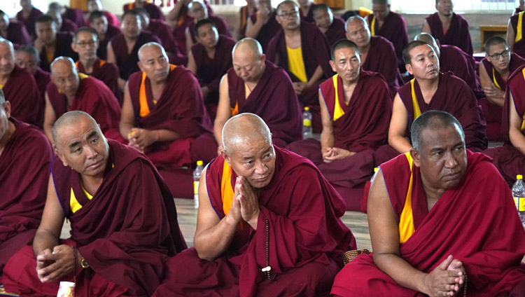 Some of the more than 2000 monks attending the debate session listening to His Holiness the Dalai Lama at the Ganden Jangtsé Assembly Hall in Mundgod, Karnataka, India on December 23, 2019. Photo by Lobsang Tsering