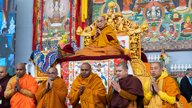 Monks from Sri Lanka and India reciting a section of the ‘Mangala Sutta’ in Pali at the start of His Holiness the Dalai Lama's teaching at the Kalachakra Ground in Bodhgaya, Bihar, India on January 2, 2020. Photo by Tenzin Choejor