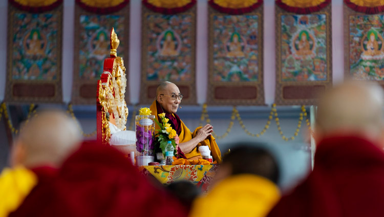 His Holiness the Dalai Lama addressing the crowd at the Kalachakra Ground in Bodhgaya, Bihar, India on January 2, 2020. Photo by Tenzin Choejor