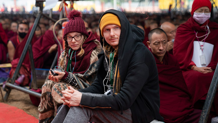 Members of the crowd of estimated at 35,000 including those from 67 countries, listening to His Holiness the Dalai Lama at the Kalachakra Ground in Bodhgaya, Bihar, India on January 2, 2020. Photo by Tenzin Choejor