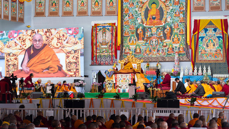 A view of the stage at the Kalachakra Ground during His Holiness the Dalai Lama's teaching in Bodhgaya, Bihar, India on January 2, 2020. Photo by Tenzin Choejor