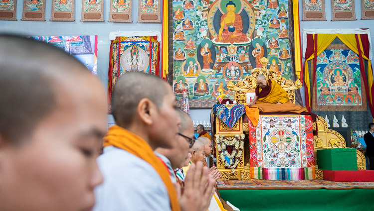 Monks and nuns from Vietnam reciting the ‘Heart Sutra’ in Vietnamese before His Holiness the Dalai Lama gave the Avalokiteshvara Empowerment at the Kalachakra Ground in Bodhgaya, Bihar, India on January 3, 2020. Photo by Tenzin Choejor