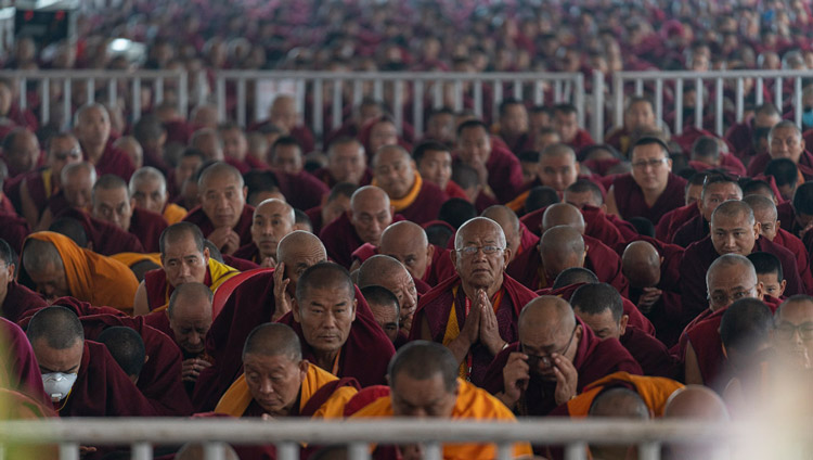 Monastics in the crowd taking the bodhisattva vows from His Holiness the Dalai Lama at the Kalachakra Ground in Bodhgaya, Bihar, India on January 3, 2020. Photo by Tenzin Choejor