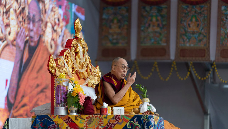 His Holiness the Dalai Lama speaking before starting the Avalokiteshvara Empowerment at the Kalachakra Ground in Bodhgaya, Bihar, India on January 3, 2020. Photo by Tenzin Choejor