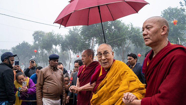 His Holiness the Dalai Lama walking to the Kalachakra Ground in Bodhgaya, Bihar, India on January 4, 2020. Photo by Tenzin Choejor