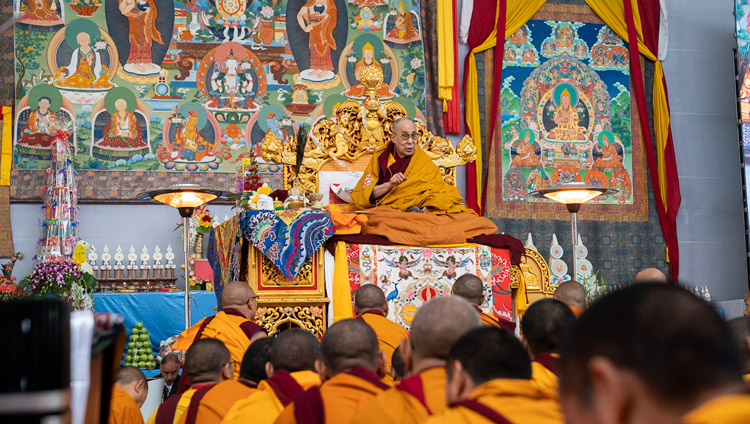 His Holiness the Dalai Lama addressing the crowd before resuming the Manjushri Cycle of Teachings at the Kalachakra Ground in Bodhgaya, Bihar, India on January 4, 2020. Photo by Tenzin Choejor