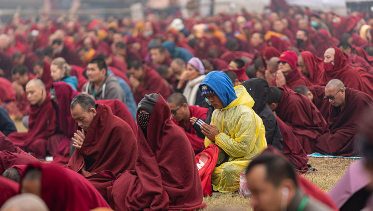 Members of the crowd listening to His Holiness the Dalai Lama as he resumes the  Manjushri Cycle of Teachings at the Kalachakra Ground in Bodhgaya, Bihar, India on January 4, 2020. Photo by Tenzin Choejor