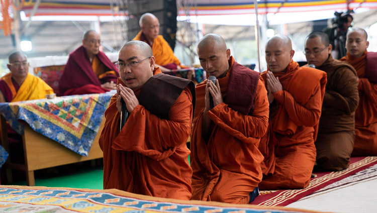 Burmese monks reciting part of the ‘Mangala Sutta’ in Pali before the start of His Holiness the Dalai Lama's teaching at the Kalachakra Ground in Bodhgaya, Bihar, India on January 5, 2020. Photo by Tenzin Choejor