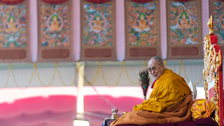 His Holiness the Dalai Lama on the final day of his teachings at the Kalachakra Ground in Bodhgaya, Bihar, India on January 6, 2020. Photo by Tenzin Choejor