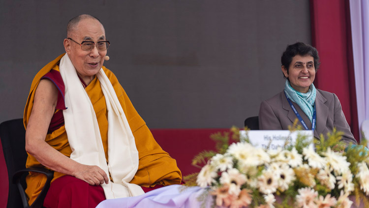 His Holiness the Dalai Lama responding to a question from the audience during his talk at the Indian Institute of Management in Bodhgaya, Bihar, India on January 14, 2020. Photo by Lobsang Tsering