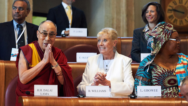 His Holiness the Dalai Lama and Betty Williams at the 14th World Summit of Peace Laureates in Rome, Italy on December 14, 2014. Photo by Olivier Adam