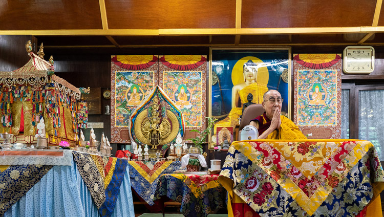 His Holiness the Dala Lama on the first day of the two day Avalokiteshvara Empowerment at his residence in Dharamsala, HP, India on May 29, 2020. Photo by Ven Tenzin Jamphel