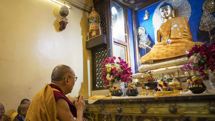 His Holiness the Dalai Lama paying his respects before the statue of the Buddha inside the stupa at the Mahabodhi Temple in Bodhgaya, Bihar, India on January 17, 2020. Photo by Tenzin Choejor