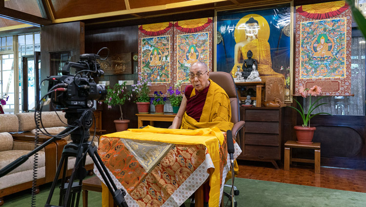 His Holiness the Dalai Lama speaking to viewers around the world live from his residence in Dharamsala, HP, India on May 16, 2020. Photo by Ven Tenzin Jamphel