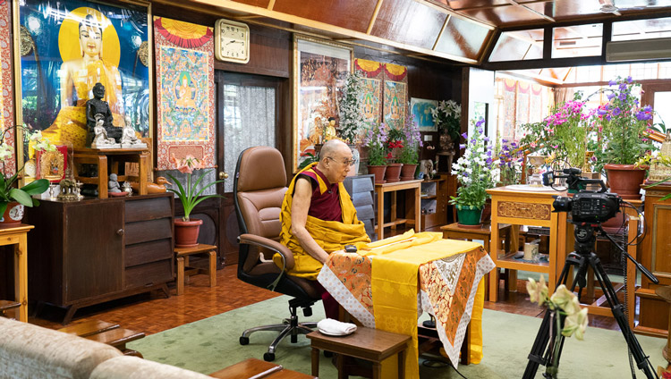 His Holiness the Dalai Lama addressing the audience watching his live teaching from his residence in Dharamsala, HP, India on May 16, 2020. Photo by Ven Tenzin Jamphel