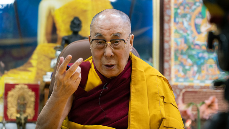 His Holiness the Dalai Lama during his live teaching to views around the world from his residence in Dharamsala, HP, India on May 16, 2020. Photo by Ven Tenzin Jamphel