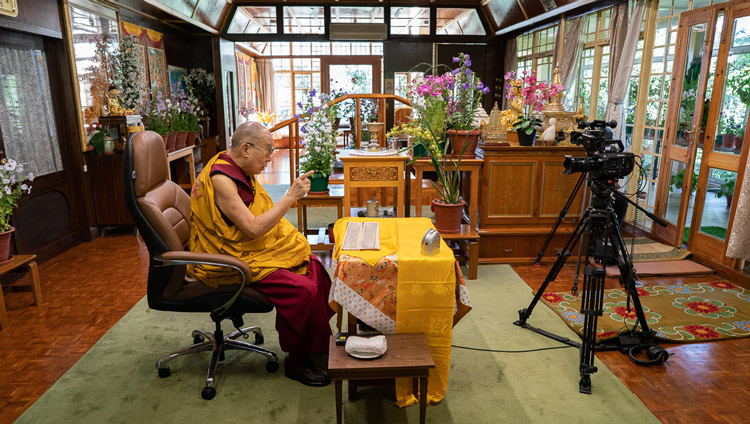 His Holiness the Dalai Lama at his speaking live to a world wide audience from his residence in Dharamsala, HP, India on May 17, 2020. Photo by Ven Tenzin Jamphel His Holiness the Dalai Lama at his speaking live to a world wide audience from his residence in Dharamsala, HP, India on May 17, 2020. Photo by Ven Tenzin Jamphel