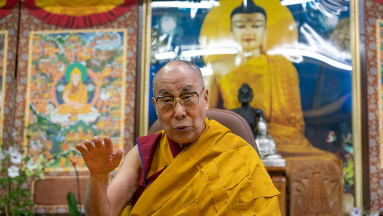 His Holiness the Dalai Lama speaking on the second day of his teaching on Nagarjuna's "Precious Garland" at his residence in Dharamsala, HP, India on May 17, 2020. Photo by Ven Tenzin Jamphel His Holiness the Dalai Lama speaking on the second day of his teaching on Nagarjuna's "Precious Garland" at his residence in Dharamsala, HP, India on May 17, 2020. Photo by Ven Tenzin Jamphel