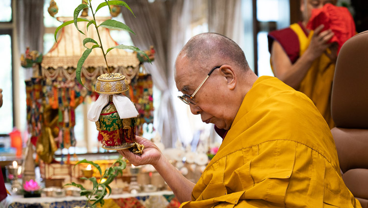 His Holiness the Dalai Lama performing necessary preparatory procedures for an Avalokiteshvara Empowerment at his residence in Dharamsala, HP, India on May 29, 2020. Photo by Ven Tenzin Jamphel