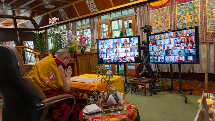 His Holiness the Dalai Lama in front of a virtual audience of lamas and friends from all parts of the world on the first day of the two day Avalokiteshvara Empowerment at his residence in Dharamsala, HP, India on May 29, 2020. Photo by Ven Tenzin Jamphel