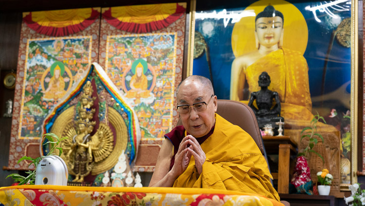 His Holiness the Dalai Lama reading from the preliminary rites for an Avalokiteshvara Empowerment during the live broadcast to a world wide audience from his residence in Dharamsala, HP, India on May 29, 2020. Photo by Ven Tenzin Jamphel