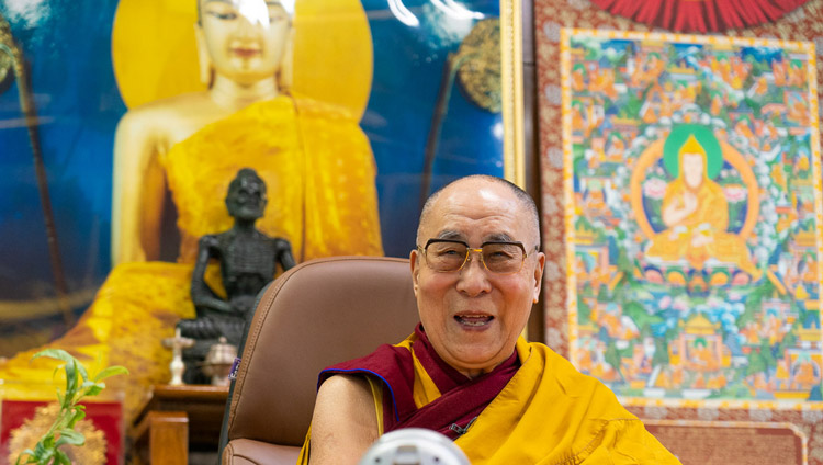 His Holiness the Dalai Lama smiling as he talks live to a world wide audience during the preliminaries for an Avalokiteshvara Empowerment from his residence in Dharamsala, HP, India on May 29, 2020. Photo by Ven Tenzin Jamphel