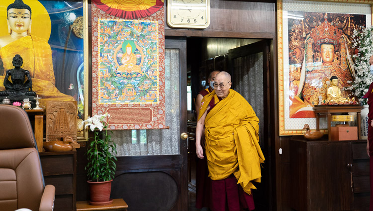 His Holiness the Dalai Lama arriving at his sitting room to lead a ceremony for cultivating the awakening mind broadcast live to a world wide audience from his residence in Dharamsala, HP, India on June 5, 2020. Photo by Ven Tenzin Jamphel