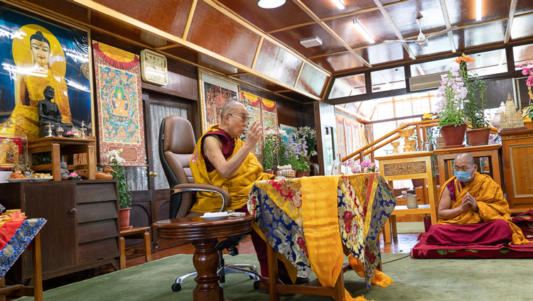 His Holiness the Dalai Lama speaking live to a world wide audience as he leads a ceremony for cultivating the awakening mind at his residence in Dharamsala, HP, India on June 5, 2020. Photo by Ven Tenzin Jamphel