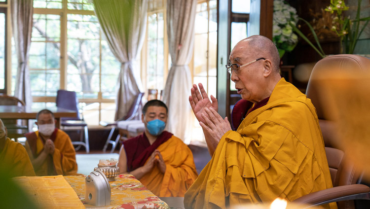 His Holiness the Dalai Lama leading a ceremony for cultivating the awakening mind at his residence in Dharamsala, HP, India on June 5, 2020. Photo by Ven Tenzin Jamphel