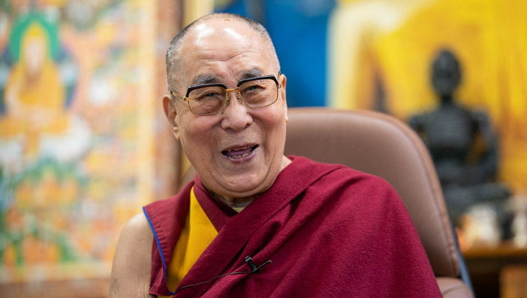 His Holiness the Dalai Lama laughing as he addresses participants in the dialogue with young people from South-east Asia by video conference from his residence in Dharamsala, HP, India on June 7, 2020. Photo by Ven Tenzin Jamphel