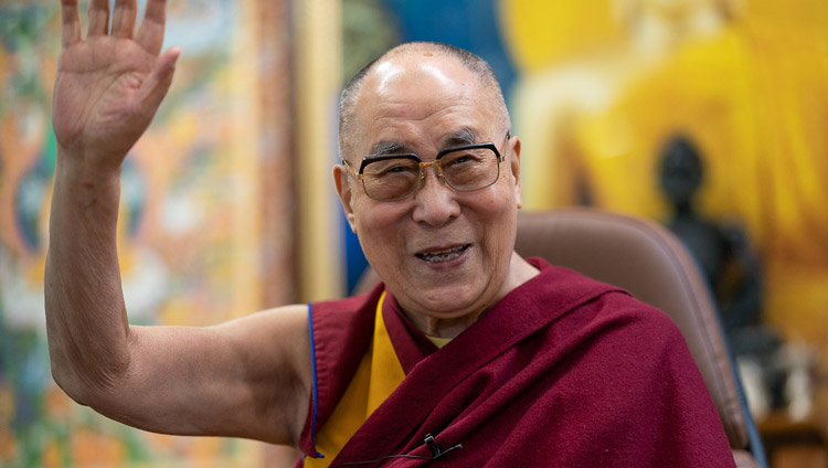 His Holiness the Dalai Lama waving goodbye at the end of his dialogue by video conference with young people from South-east Asia from his residence in Dharamsala, HP, India on June 7, 2020. Photo by Ven Tenzin Jamphel