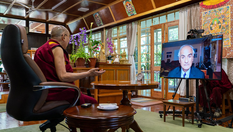 His Holiness the Dalai Lama in conversation with Pico Iyer by video conference from his residence in Dharamsala, HP, India on June 17, 2020. Photo by Ven Tenzin Jamphel