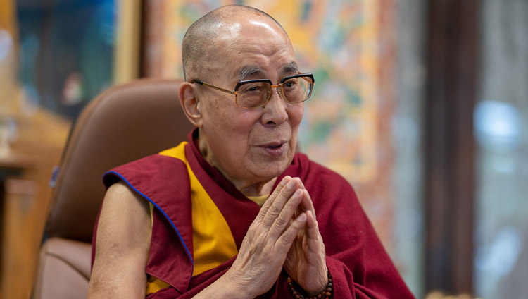 His Holiness the Dalai Lama saying thank you to Pico Iyer and Sanjoy Roy after their conversation by video conference organized by the Jaipur Literature Festival (JLF) from his residence in Dharamsala, HP, India on June 17, 2020. Photo by Ven Tenzin Jamphel