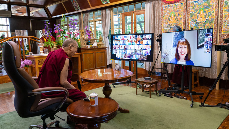 Susan Bauer-Wu, President of the Mind & Life Institute introducing the Mind & Life Conversation with His Holiness the Dalai Lama by video conference from his residence in Dahramsala, HP, India on June 20, 2020. Photo by Ven Tenzin Jamphel