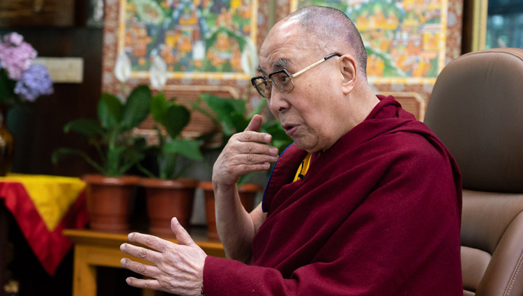 His Holiness the Dalai Lama speaking by video conference during the Mind & Life Conversation from his residence in Dharamsala, HP, India on June 20, 2020. Photo by Ven Tenzin Jamphel