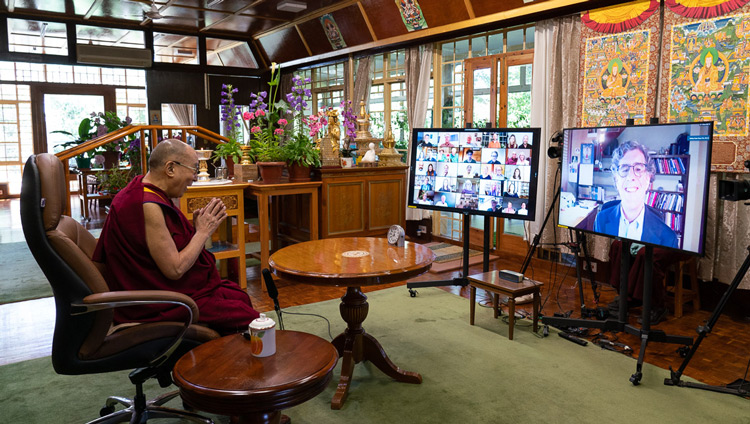 Richie Davidson, Founder and Director of the Center for Healthy Minds and Professor of Psychology, University of Wisconsin-Madison speaking by video conference to His Holiness the Dalai Lama at his residence in Dharamsala, HP, India during the Mind & Life Conversation on June 20, 2020. Photo by Ven Tenzin Jamphel