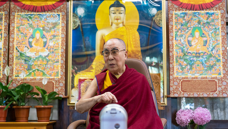 His Holiness the Dalai Lama making a point during the Mind & Life Conversation by video conference from his residence in Dharamsala, HP, India on June 20, 2020. Photo by Ven Tenzin Jamphel