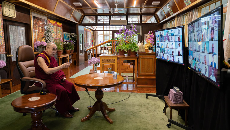 His Holiness the Dalai Lama speaking to Amity University students by video conference from his residence in Dharamsala, HP, India on June 26, 2020. Photo by Ven Tenzin Jamphel