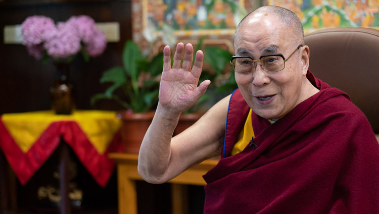 His Holiness the Dalai Lama waving goodbye to students from Amity University at the conclusion their interactive video conference from his residence in Dharamsala, HP, India on June 26, 2020. Photo by Ven Tenzin Jamphel