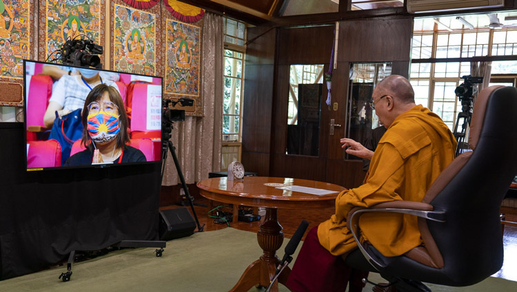 His Holiness the Dalai Lama speaking by video link from his residence in Dharamsala, HP, India to a to a group in Taiwan gathered to celebrate his 85th birthday on July 5, 2020. Photo by Ven Tenzin Jamphel