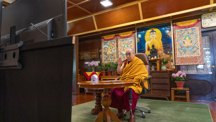 His Holiness addressing by video link a group in Taiwan celebrating his 85th birthday from his residence in Dharamsala, HP, India on July 5, 2020. Photo by Ven Tenzin Jamphel