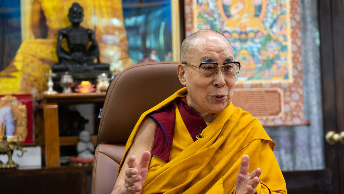 His Holiness the Dalai Lama giving a short teaching on Geshé Langri Tangpa's ‘Eight Verses for Training the Mind’ to a group in Taiwan celebrating his 85th birthday from his residence in Dharamsala, HP, India on July 5, 2020. Photo by Ven Tenzin Jamphel