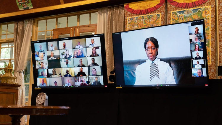 A member of the Metropolitan Police asking HIs Holiness the Dalai Lama a question during their conversation by video link from his residence in Dharamsala, HP, India on July 8, 2020. Photo by Ven Tenzin Jamphel