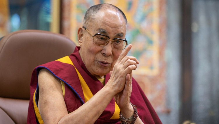 His Holiness the Dalai Lama taking part in a conversation with Gaur Gopal Das by video link from his residence in Dharamsala, HP, India on July 14, 2020. Photo by Ven Tenzin Jamphel