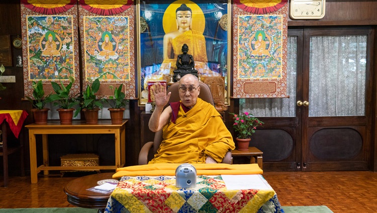 His Holiness the Dalai Lama speaking at the start of his teachings for the Nalanda Shiksha by video link from his residence in Dharamsala, HP, India on July 17, 2020. Photo by Ven Tenzin Jamphel