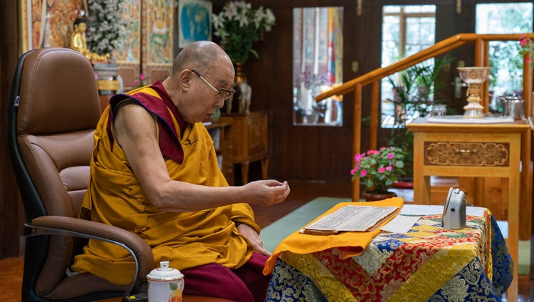 His Holiness the Dalai Lama commenting on Chandrakirti's "Entering the Middle Way" on the first day of his three day teaching by video link from his residence in Dharamsala, HP, India on July 17, 2020.