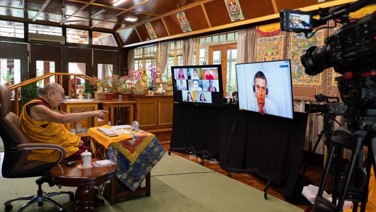 His Holiness the Dalai Lama answering a question from a member of Nalanda Shiksha on the first day of teachings by video link from his residence in Dharamsala, HP, India on July 17, 2020. Photo by Ven Tenzin Jamphel