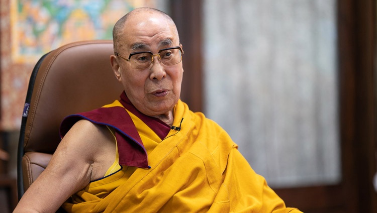 His Holiness the Dalai Lama speaking on the first day of his teaching requested by Nalanda Shiksha by video link from his residence in Dharamsala, HP, India on July 17, 2020. Photo by Tenzin Phuntsok