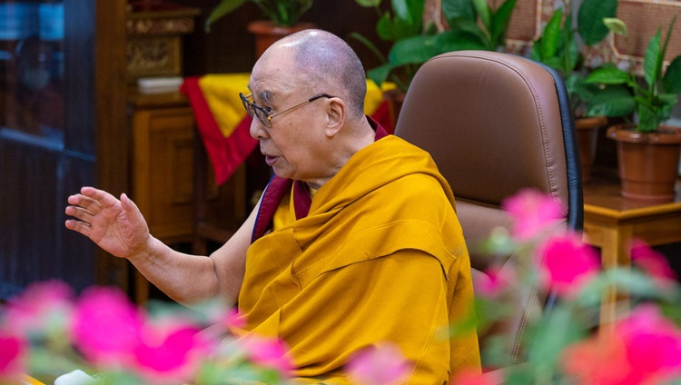 His Holiness the Dalai Lama speaking on the third day of teachings by video link from his residence in Dharamsala, HP, India on July 19, 2020. Photo by Ven Tenzin Jamphel His Holiness the Dalai Lama speaking on the third day of teachings by video link from his residence in Dharamsala, HP, India on July 19, 2020. Photo by Ven Tenzin Jamphel